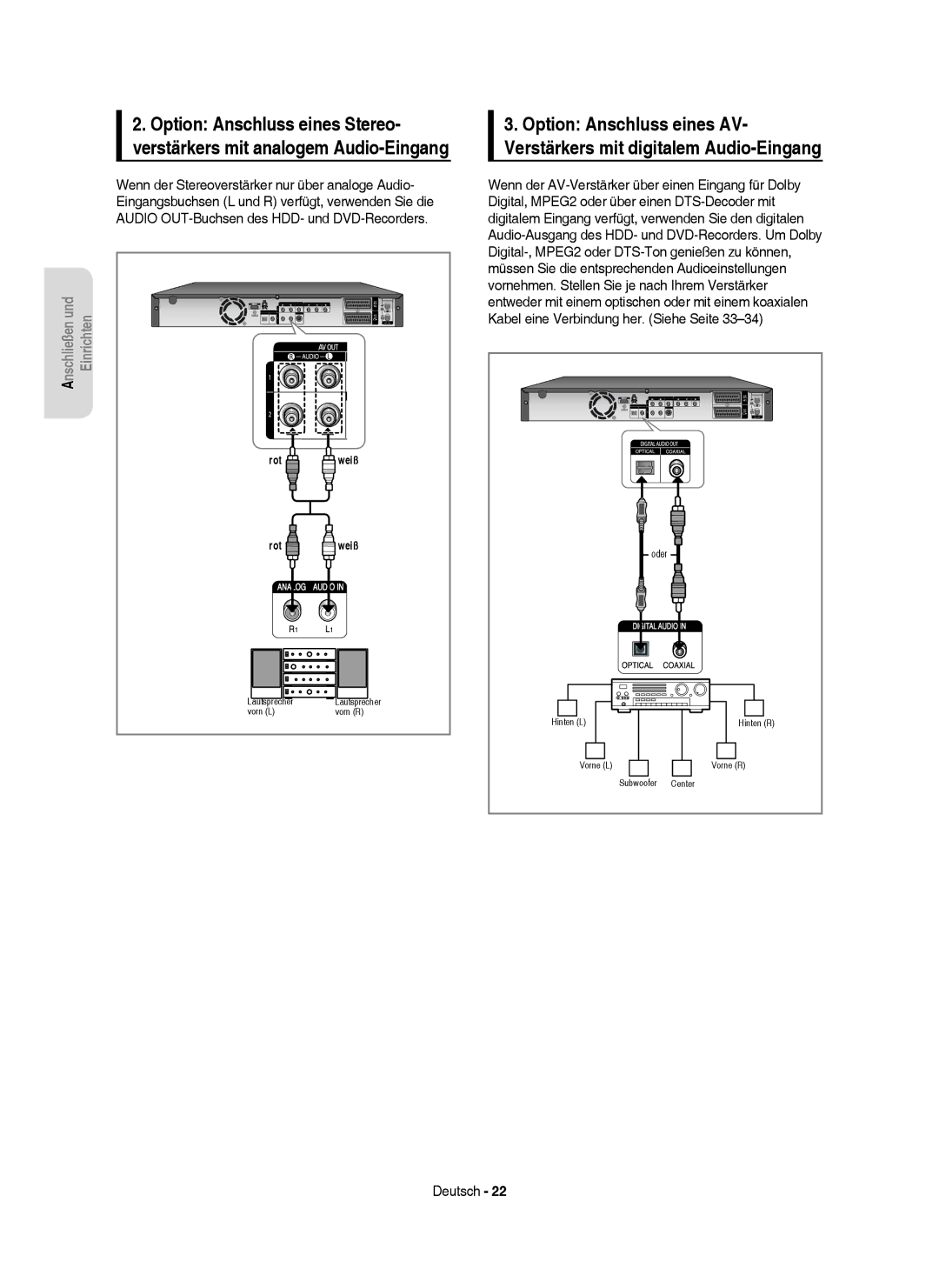 Samsung DVD-HR757/XEG, DVD-HR757/XEB manual Anschließen und Einrichten 