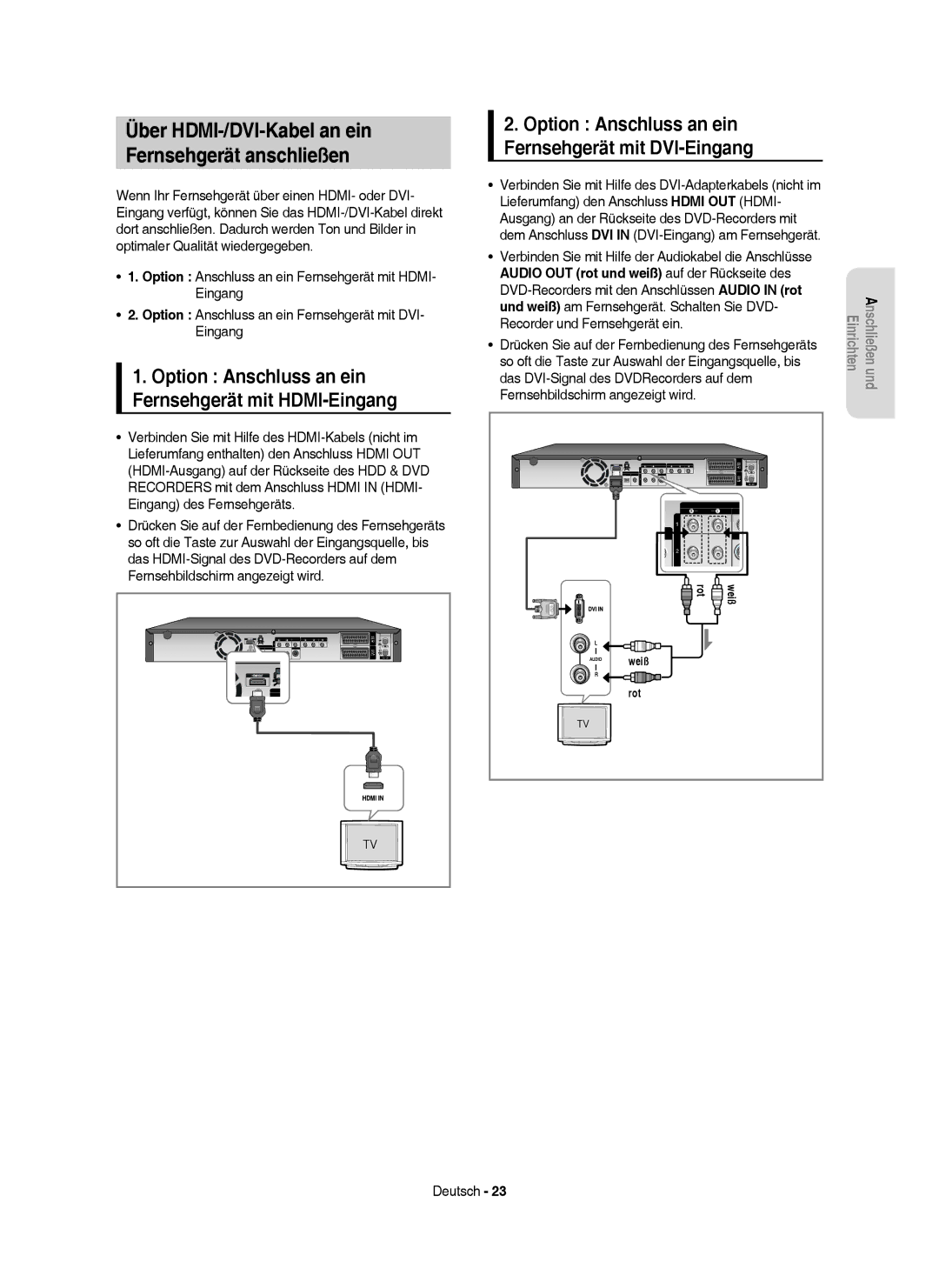 Samsung DVD-HR757/XEB, DVD-HR757/XEG manual Über HDMI-/DVI-Kabel an ein Fernsehgerät anschließen 