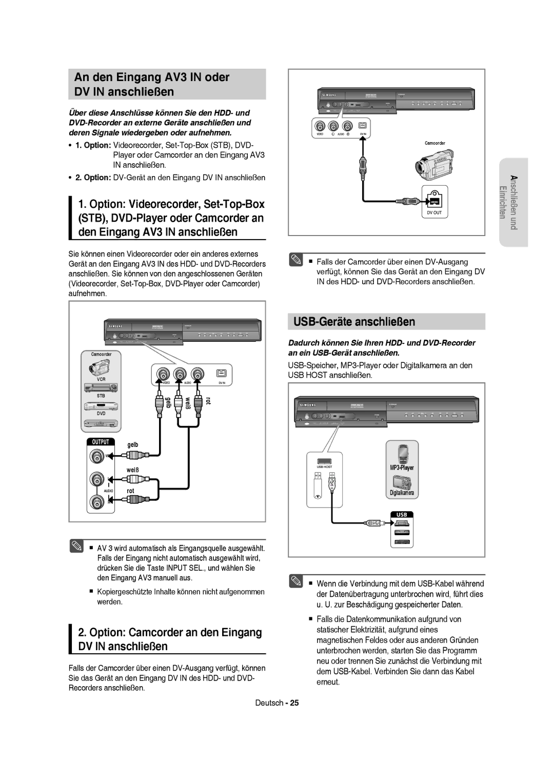 Samsung DVD-HR757/XEB, DVD-HR757/XEG manual An den Eingang AV3 in oder DV in anschließen, USB-Geräte anschließen 