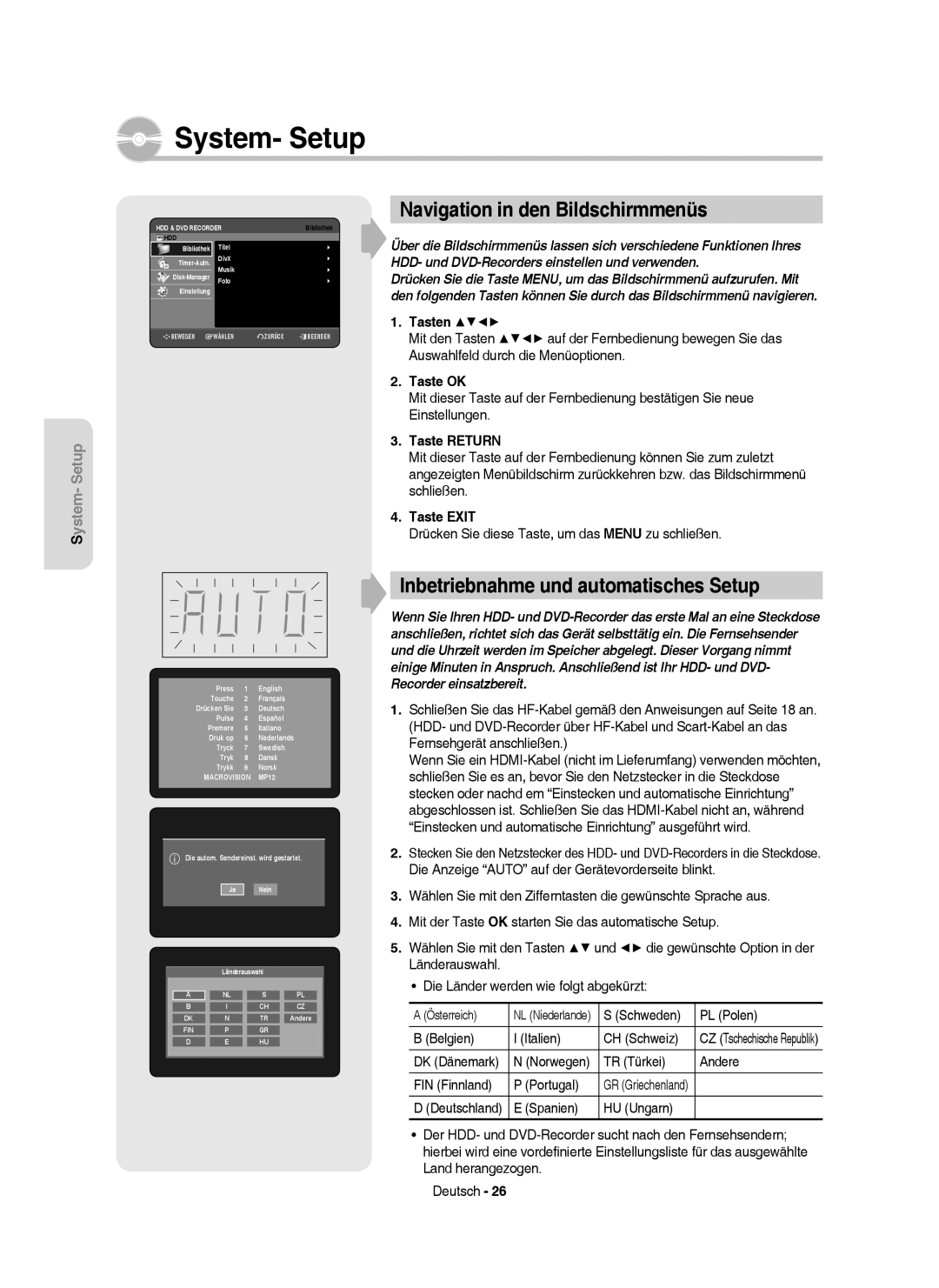 Samsung DVD-HR757/XEG manual Navigation in den Bildschirmmenüs, Inbetriebnahme und automatisches Setup, Tasten, Taste OK 