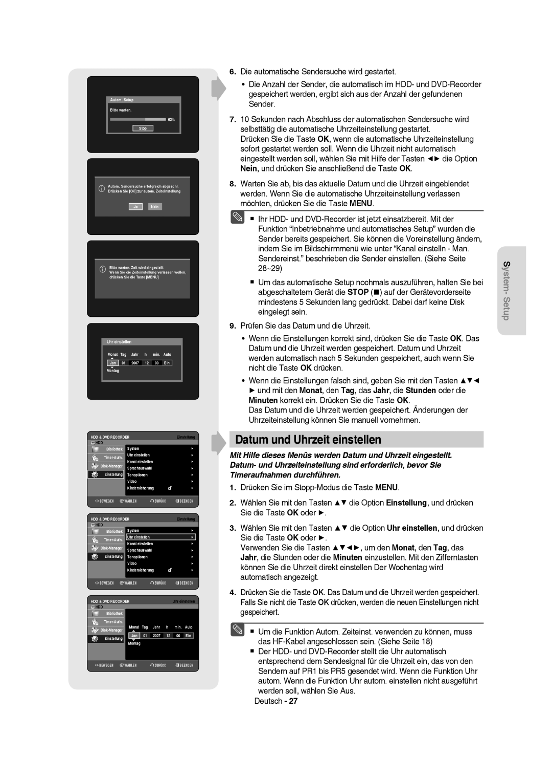 Samsung DVD-HR757/XEB, DVD-HR757/XEG manual Datum und Uhrzeit einstellen 