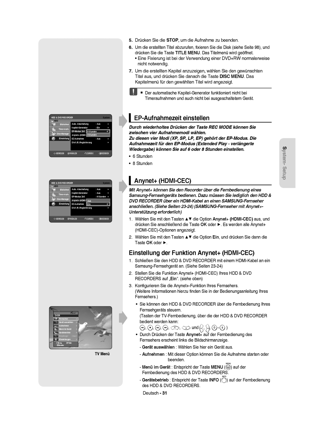 Samsung DVD-HR757/XEB, DVD-HR757/XEG EP-Aufnahmezeit einstellen, Einstellung der Funktion Anynet+ HDMI-CEC, TV Menü 