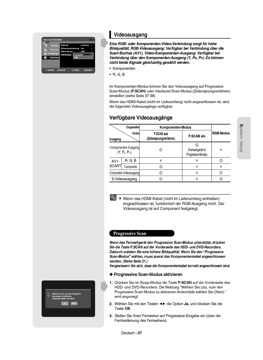 Samsung DVD-HR757/XEB manual Videoausgang, Verfügbare Videoausgänge, Progressive Scan-Modus aktivieren, Komponenten-Modus 