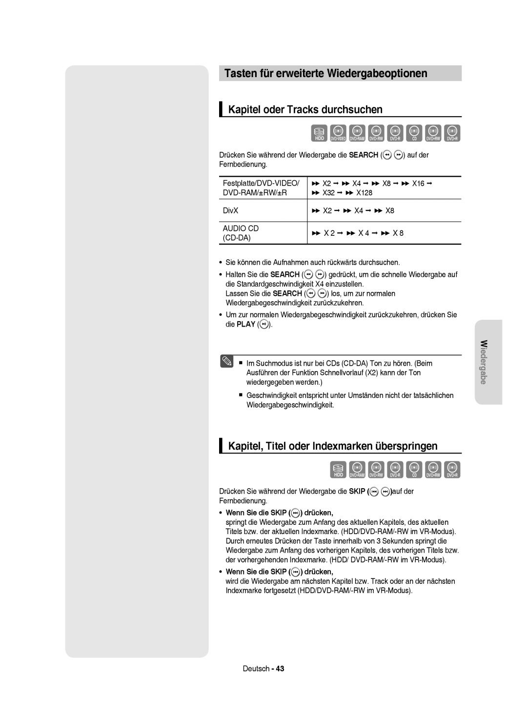 Samsung DVD-HR757/XEB manual Szxcvbkl, Sxcvbkl, Tasten für erweiterte Wiedergabeoptionen, Kapitel oder Tracks durchsuchen 