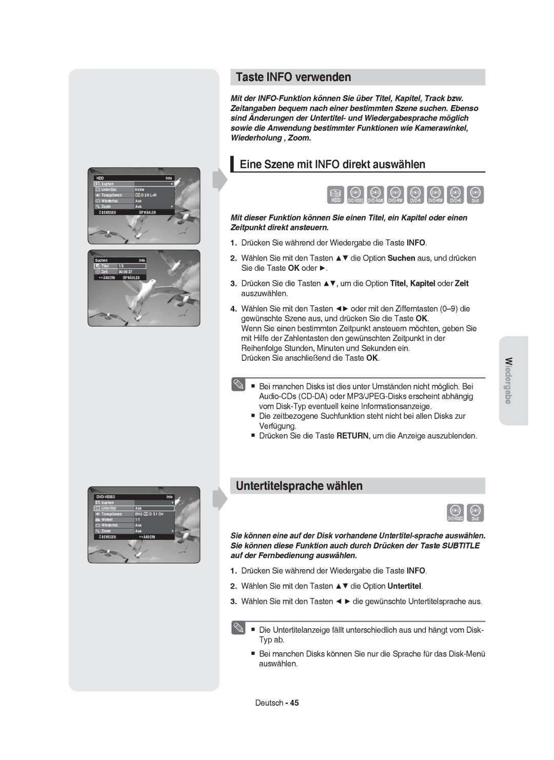 Samsung DVD-HR757/XEB Taste Info verwenden, Untertitelsprache wählen, Eine Szene mit Info direkt auswählen, Dvd-Video 