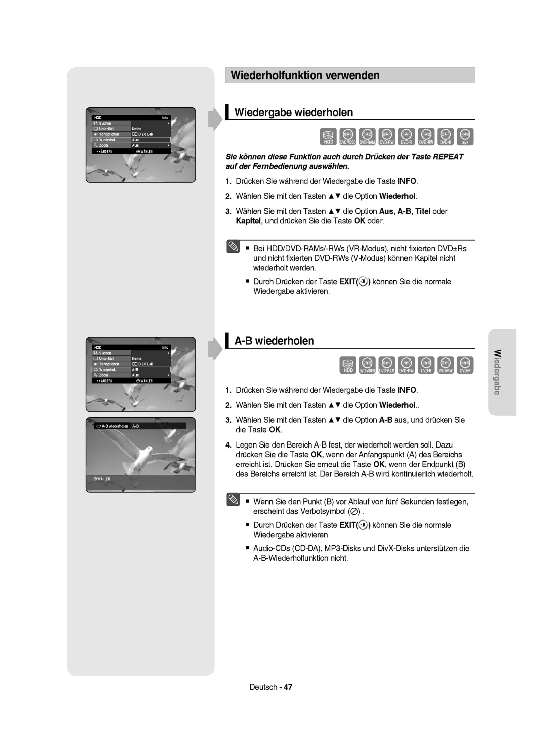 Samsung DVD-HR757/XEB manual Szxcvkl, Wiederholfunktion verwenden, Wiedergabe wiederholen, Wiederholen, B wiederholen A-B 