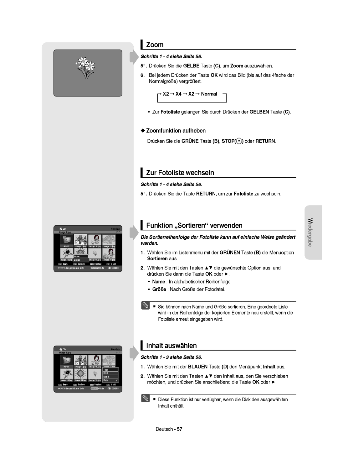 Samsung DVD-HR757/XEB manual Zur Fotoliste wechseln, Zoomfunktion aufheben, X2 X4 X2 Normal, Schritte 1 3 siehe Seite 