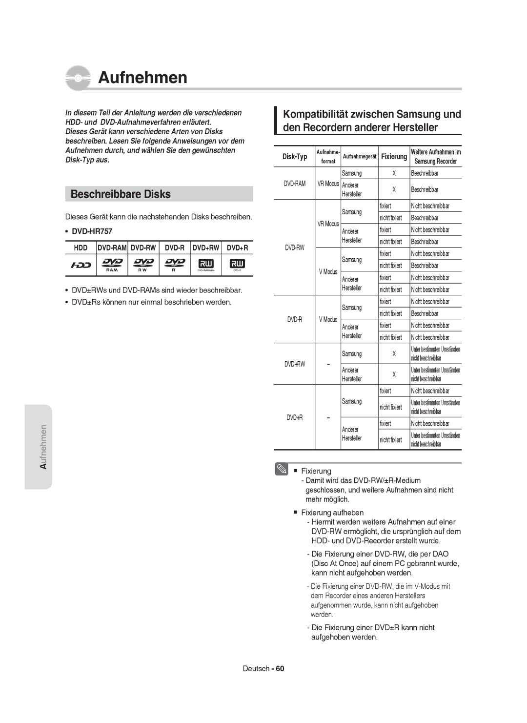 Samsung DVD-HR757/XEG, DVD-HR757/XEB manual Beschreibbare Disks, Hdd Dvd-Ram Dvd-Rw Dvd-R Dvd+Rw Dvd+R, Disk-Typ 