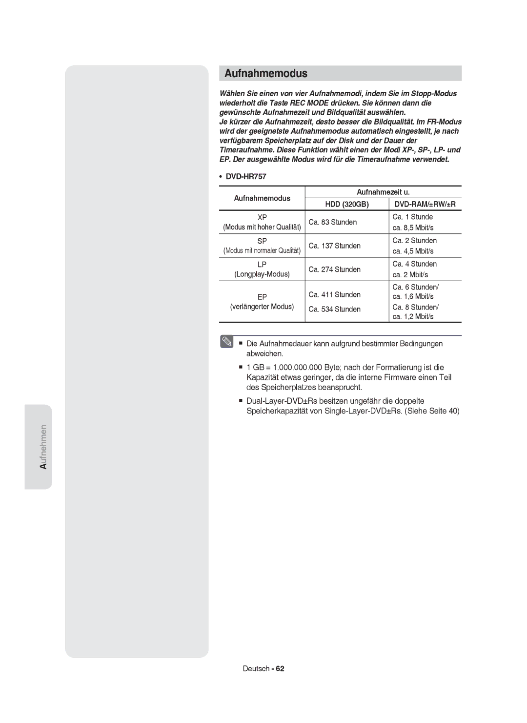 Samsung DVD-HR757/XEG, DVD-HR757/XEB manual DVD-HR757 Aufnahmemodus Aufnahmezeit u HDD 320GB, Dvd-Ram/±Rw/±R 