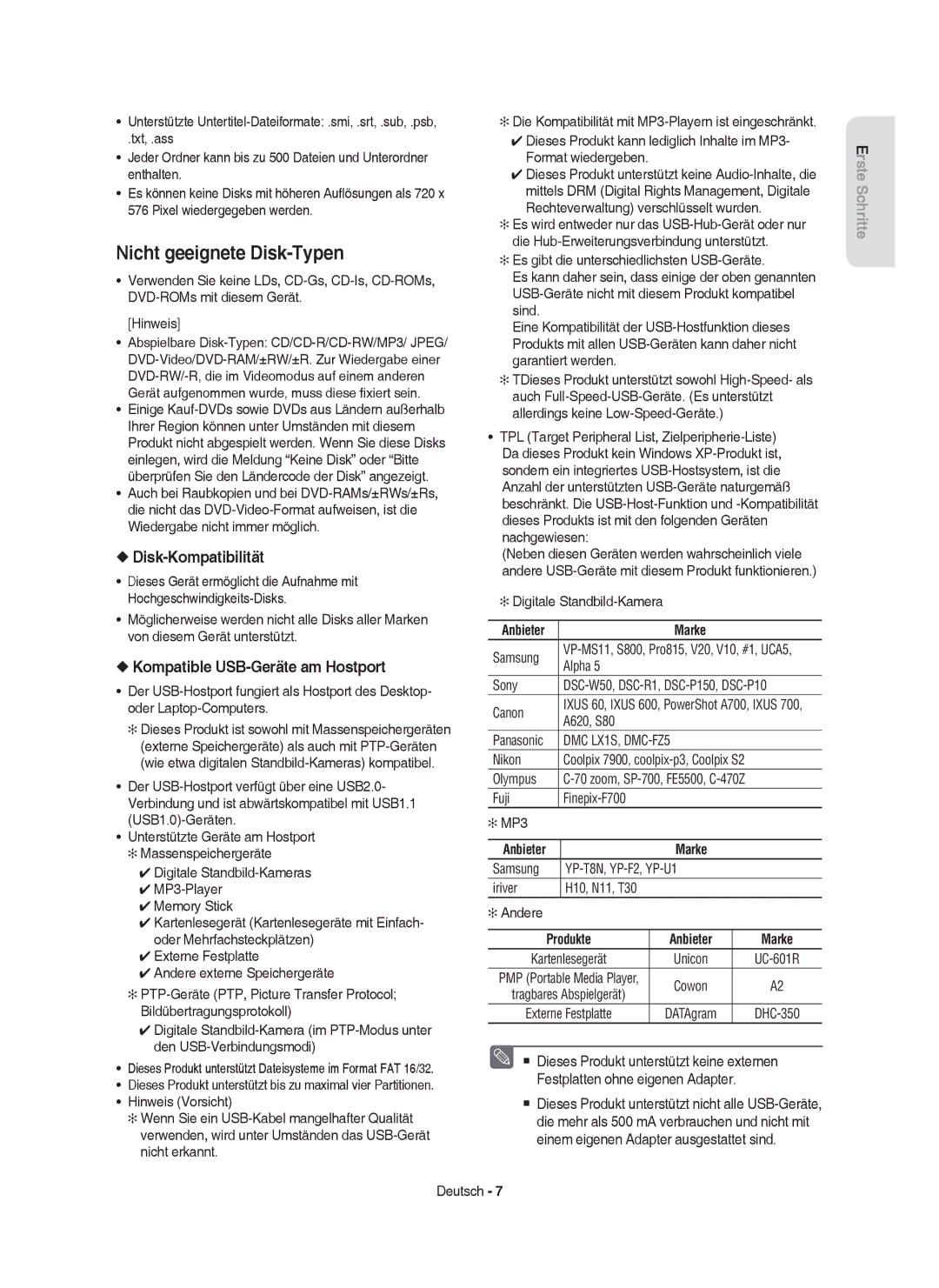 Samsung DVD-HR757/XEB, DVD-HR757/XEG Nicht geeignete Disk-Typen, Disk-Kompatibilität, Kompatible USB-Geräte am Hostport 