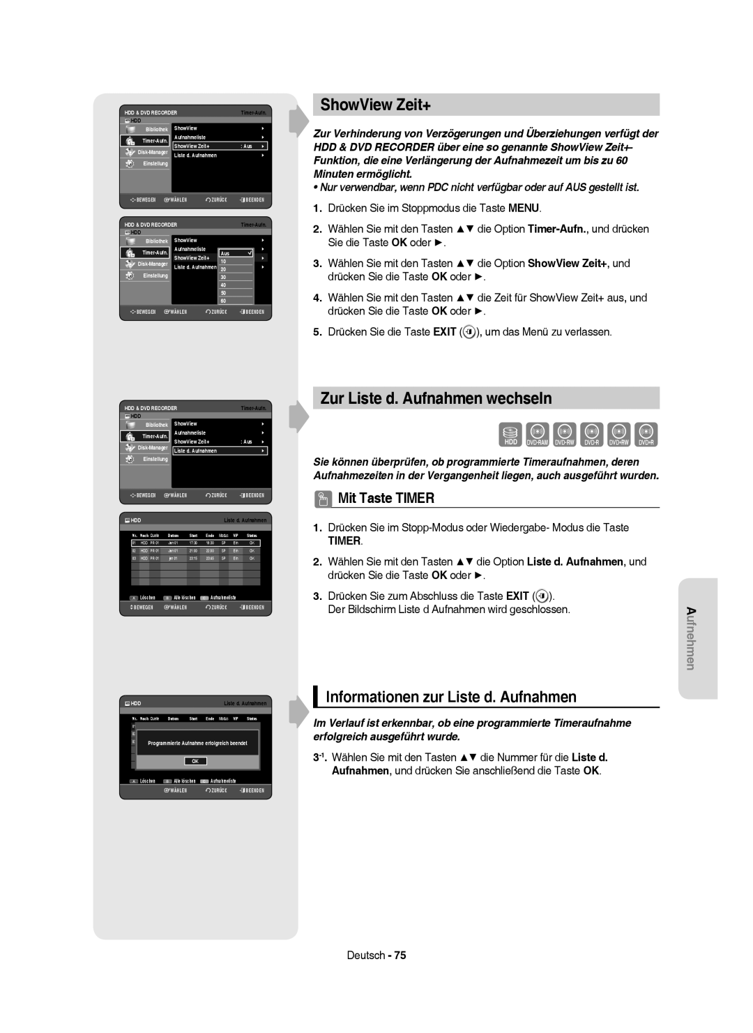 Samsung DVD-HR757/XEB, DVD-HR757/XEG ShowView Zeit+, Zur Liste d. Aufnahmen wechseln, Informationen zur Liste d. Aufnahmen 