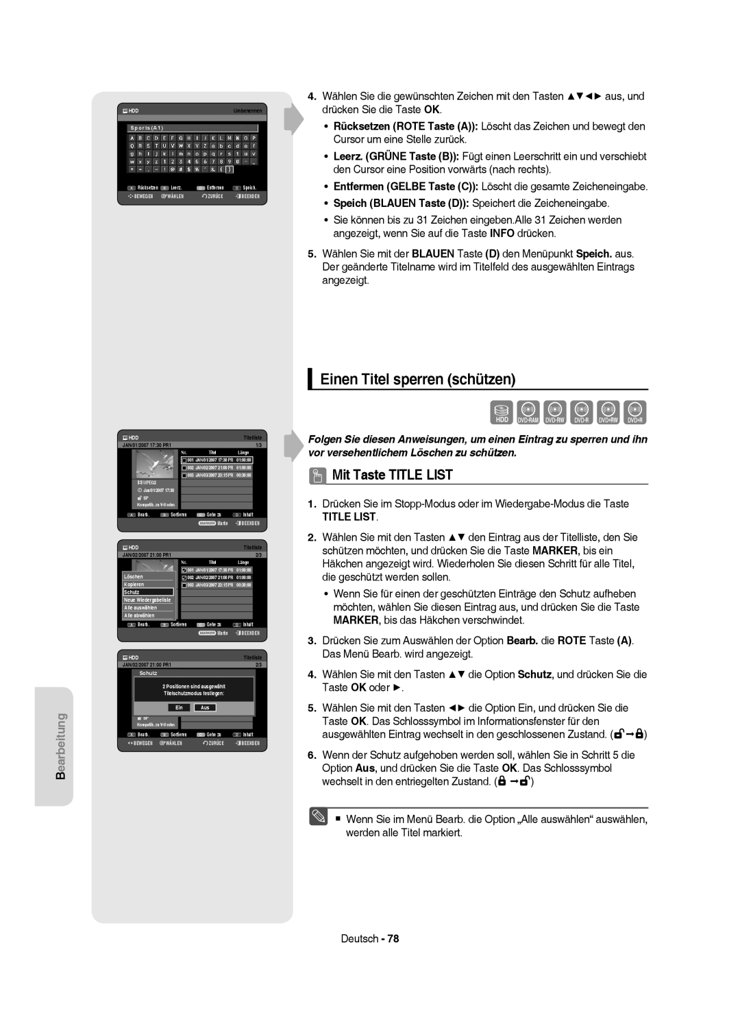 Samsung DVD-HR757/XEG Einen Titel sperren schützen, SportsA1, Schutz Neue Wiedergabeliste4 Jan/02/2007 Alle auswählen1 SP 