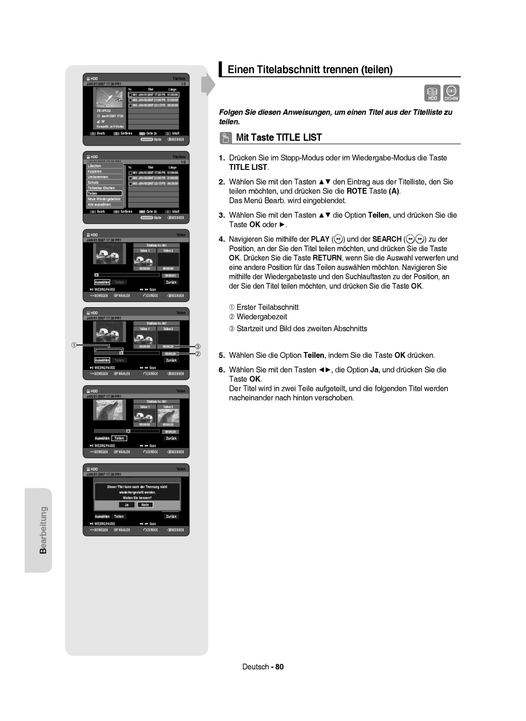 Samsung DVD-HR757/XEG, DVD-HR757/XEB manual Einen Titelabschnitt trennen teilen 