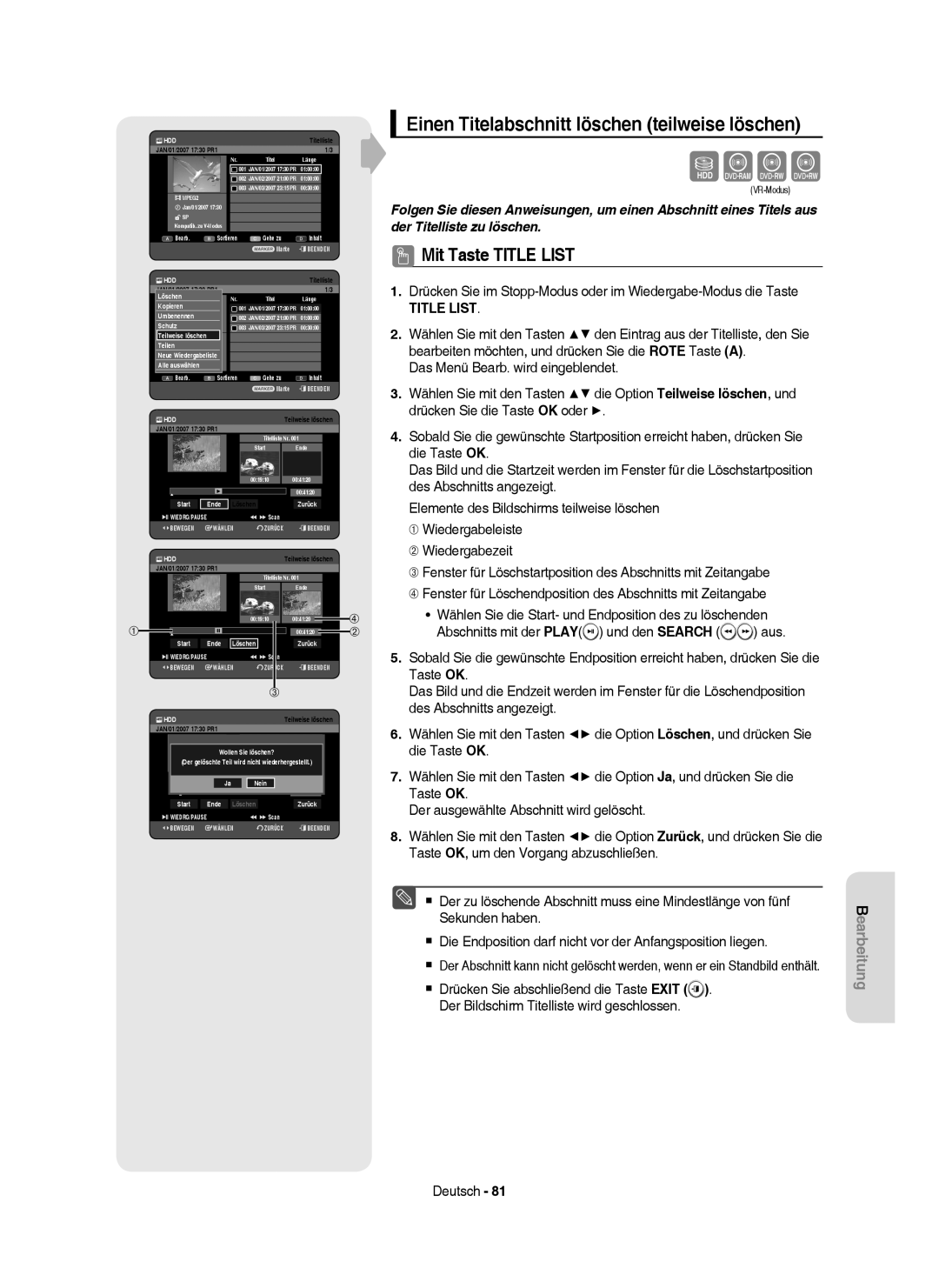 Samsung DVD-HR757/XEB, DVD-HR757/XEG manual Sxck, Einen Titelabschnitt löschen teilweise löschen 