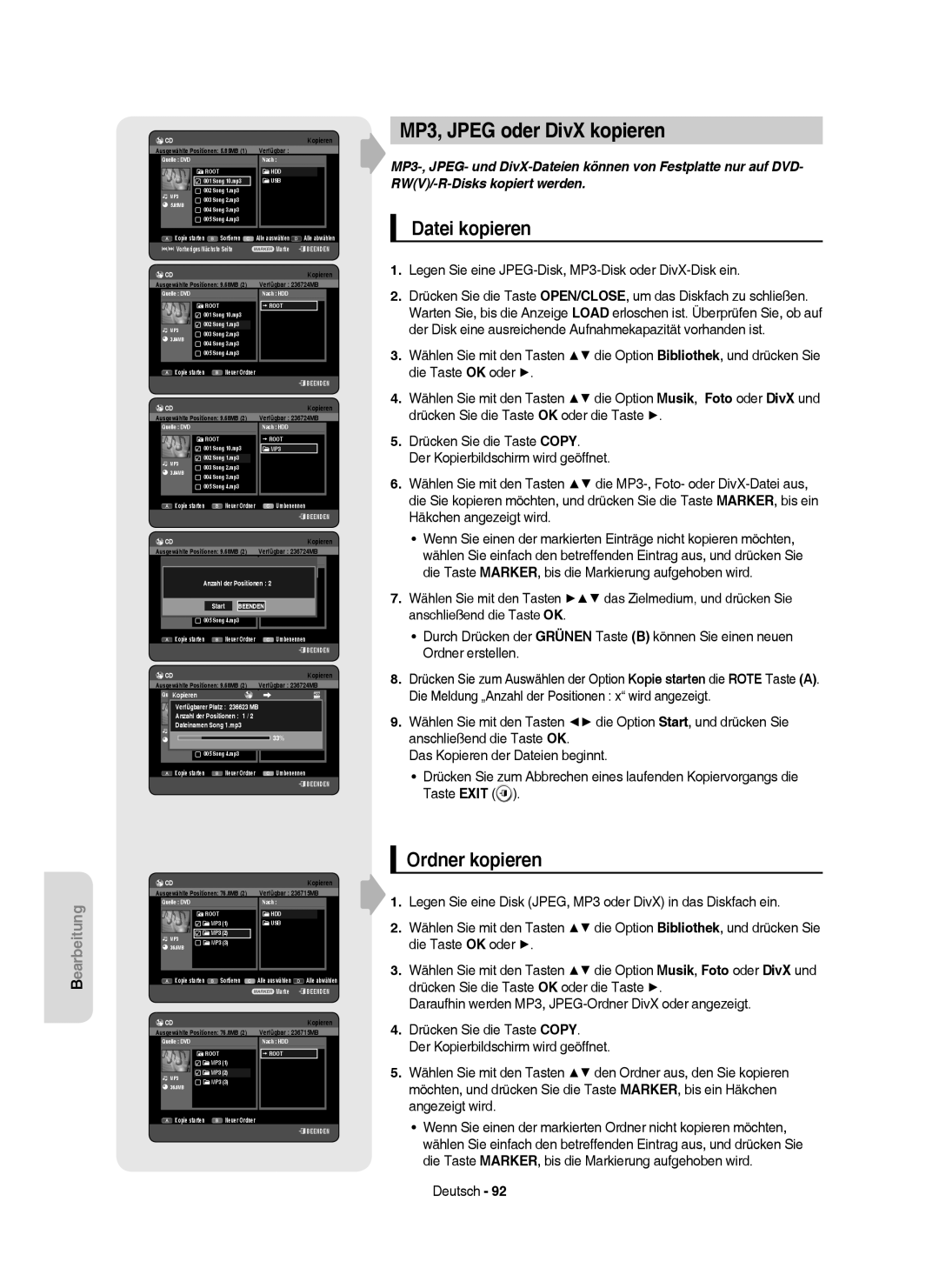 Samsung DVD-HR757/XEG, DVD-HR757/XEB manual MP3, Jpeg oder DivX kopieren, Datei kopieren, Ordner kopieren, Beenden 