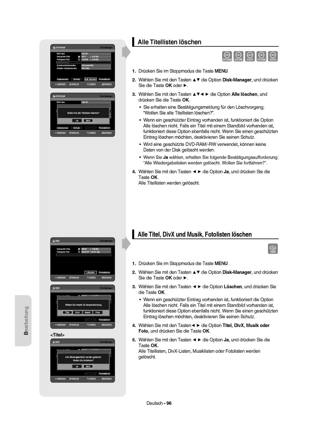 Samsung DVD-HR757/XEG, DVD-HR757/XEB manual Xcvkl, Alle Titellisten löschen, Alle Titel, DivX und Musik, Fotolisten löschen 