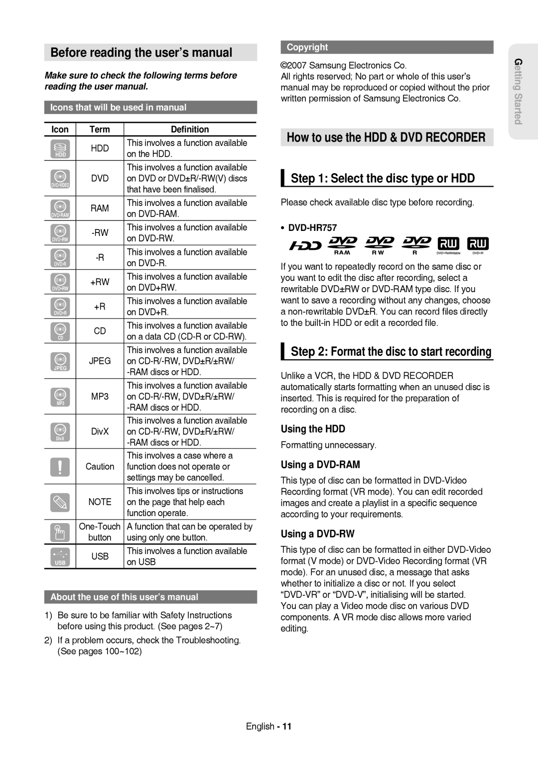 Samsung DVD-HR757/XEB Before reading the user’s manual, Select the disc type or HDD, How to use the HDD & DVD Recorder 