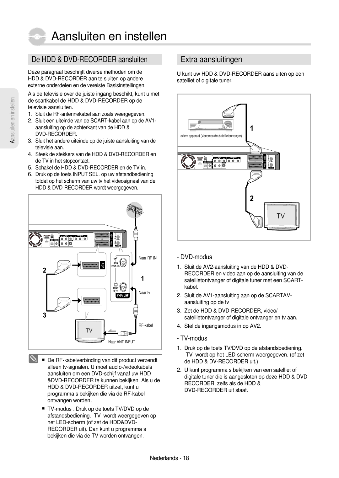 Samsung DVD-HR757/XEG Aansluiten en instellen, Extra aansluitingen, De HDD & DVD-RECORDER aansluiten, DVD-modus, TV-modus 