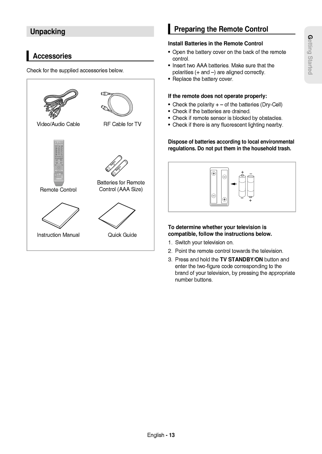 Samsung DVD-HR757/XEB manual Unpacking, Accessories, Preparing the Remote Control, Install Batteries in the Remote Control 