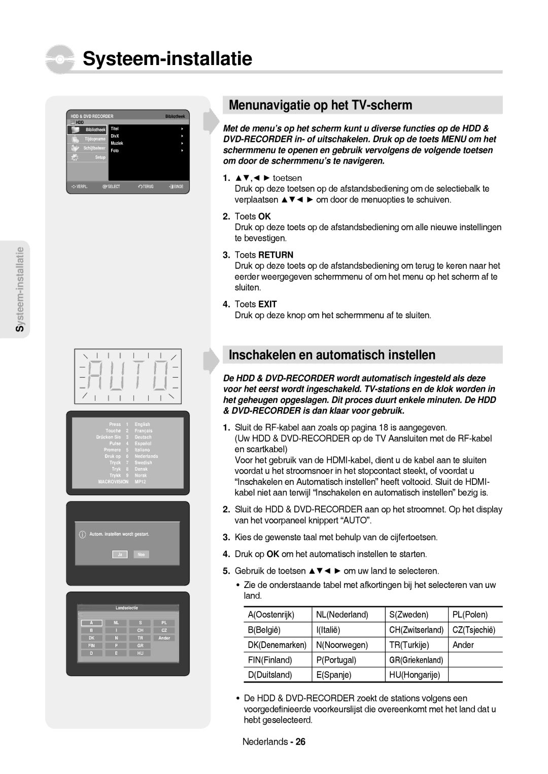 Samsung DVD-HR757/XEG manual Systeem-installatie, Menunavigatie op het TV-scherm, Inschakelen en automatisch instellen 