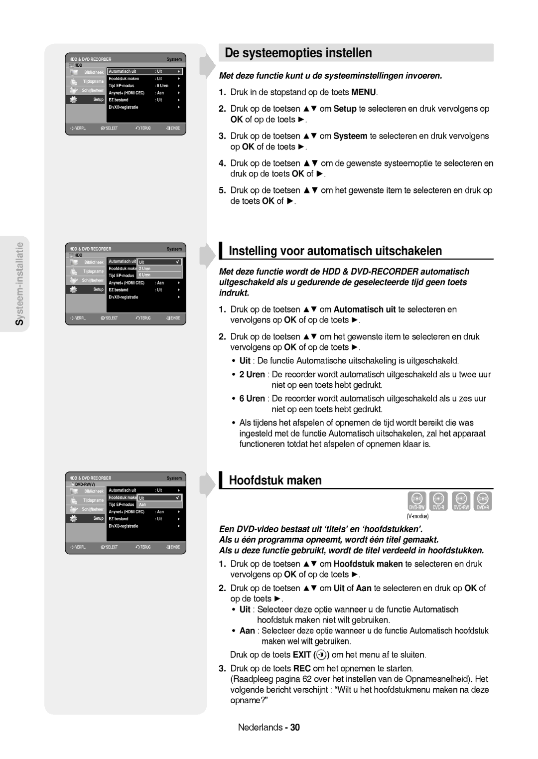 Samsung DVD-HR757/XEG, DVD-HR757/XEB De systeemopties instellen, Instelling voor automatisch uitschakelen, Hoofdstuk maken 