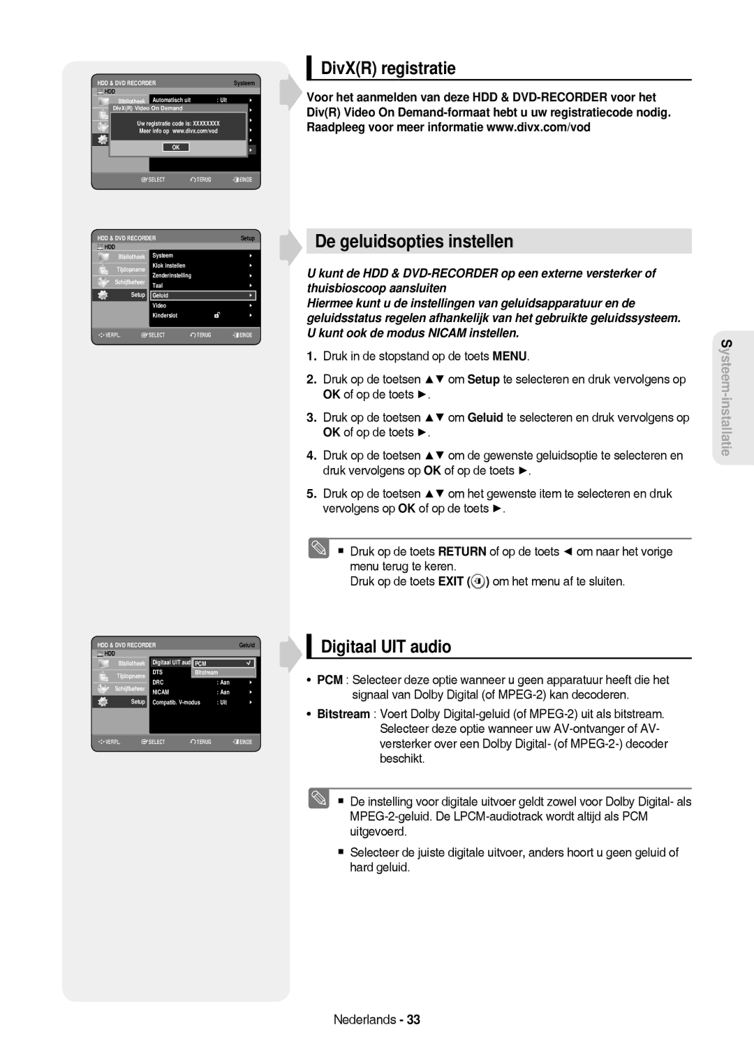 Samsung DVD-HR757/XEB, DVD-HR757/XEG manual De geluidsopties instellen, DivXR registratie, Digitaal UIT audio 