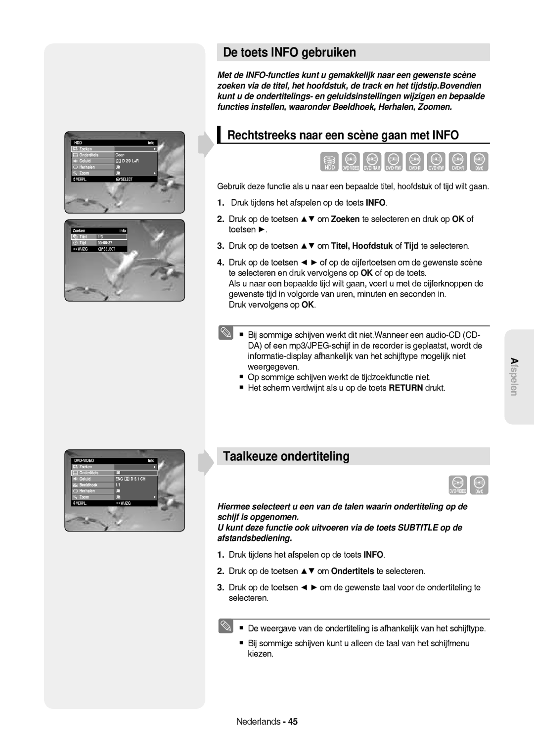 Samsung DVD-HR757/XEB manual De toets Info gebruiken, Taalkeuze ondertiteling, Rechtstreeks naar een scène gaan met Info 