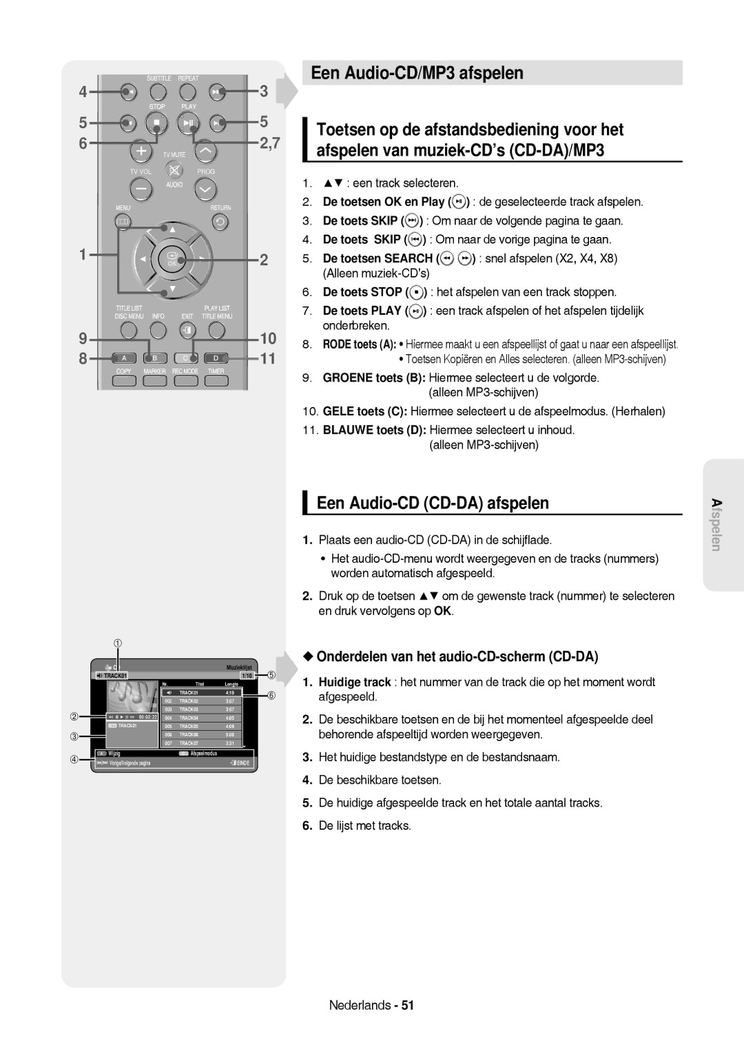 Samsung DVD-HR757/XEB Een Audio-CD/MP3 afspelen, Een Audio-CD CD-DA afspelen, Onderdelen van het audio-CD-scherm CD-DA 