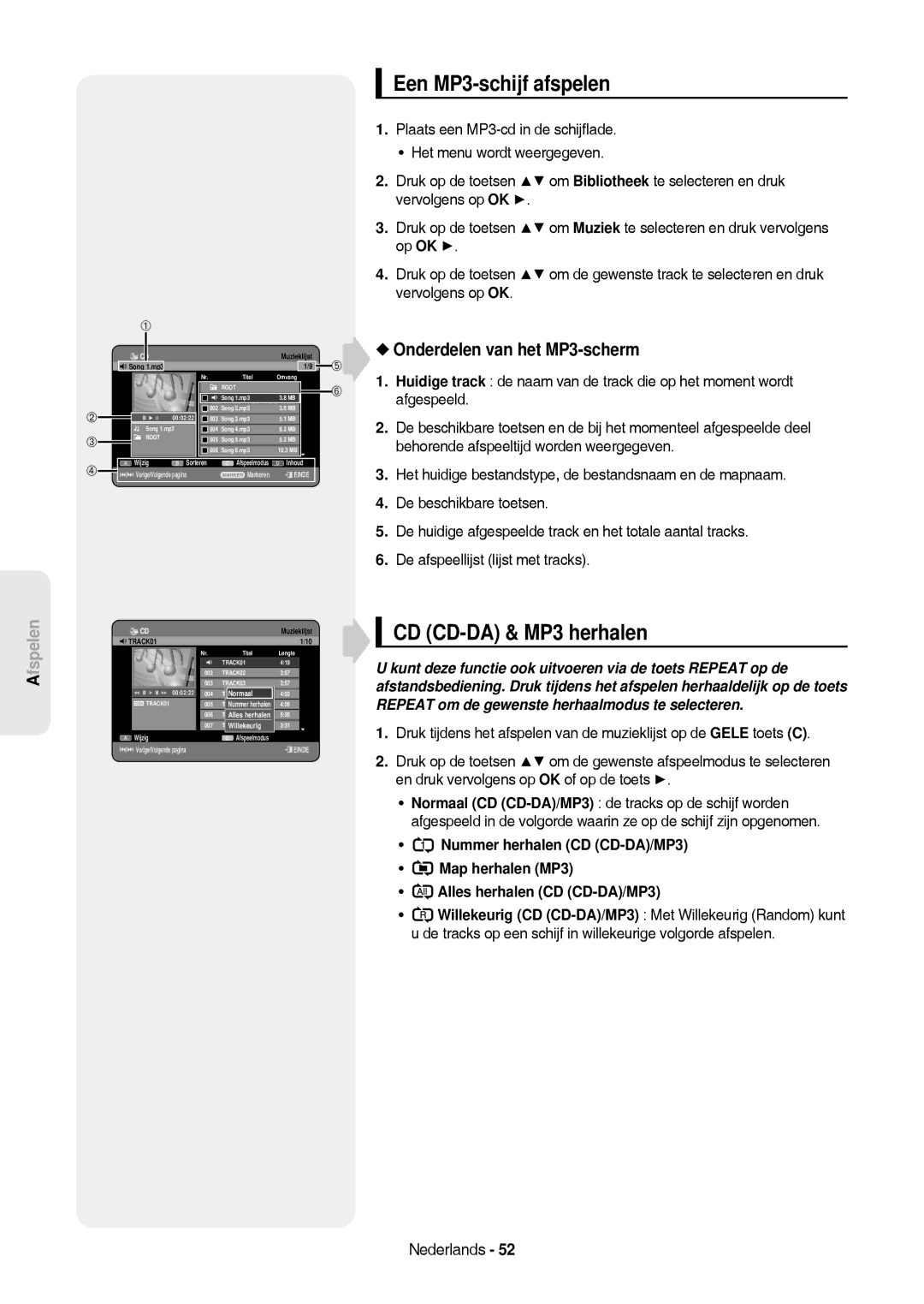 Samsung DVD-HR757/XEG, DVD-HR757/XEB manual Een MP3-schijf afspelen, CD CD-DA & MP3 herhalen, Onderdelen van het MP3-scherm 