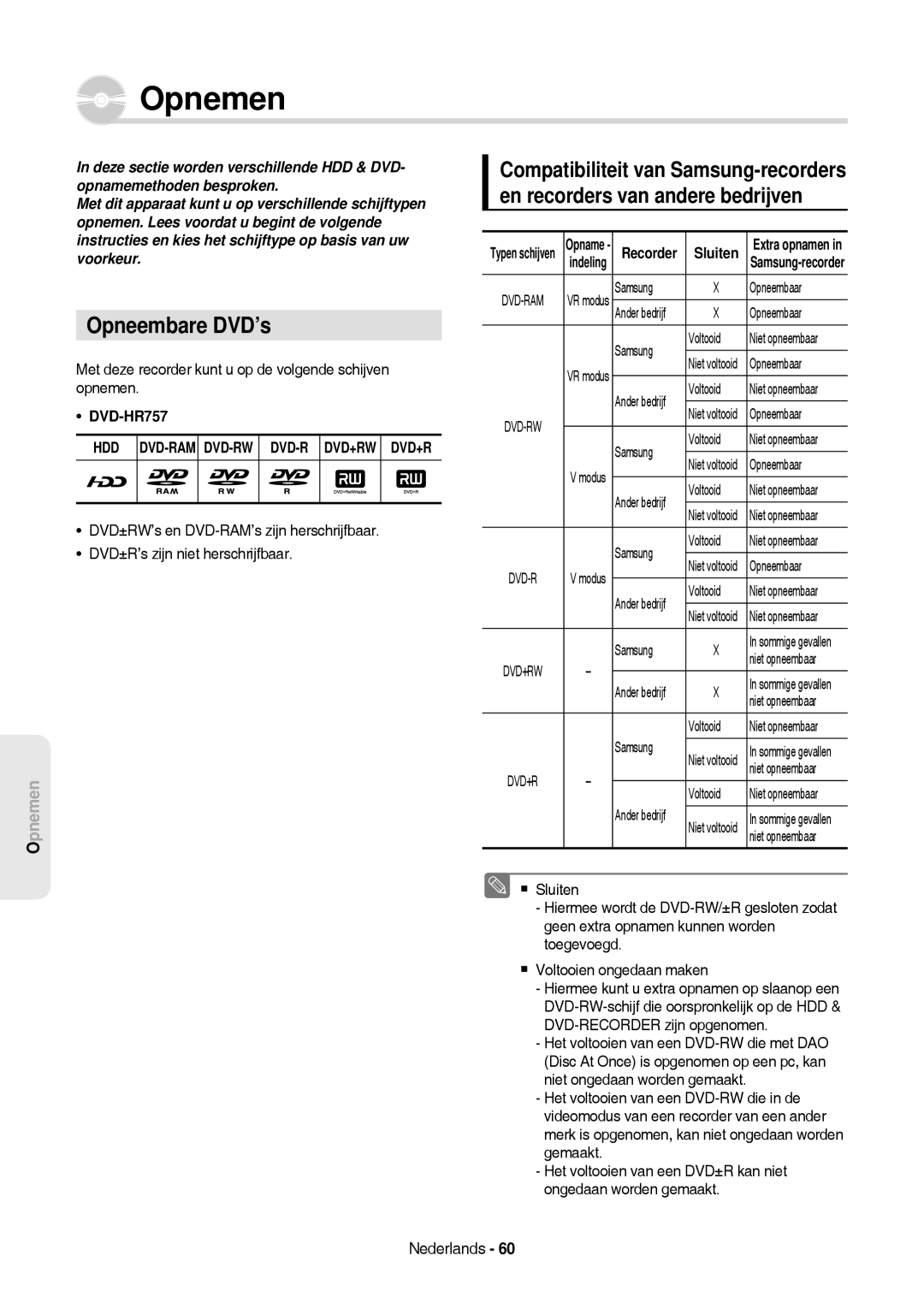 Samsung DVD-HR757/XEG, DVD-HR757/XEB manual Opnemen, Opneembare DVD’s, Sluiten 