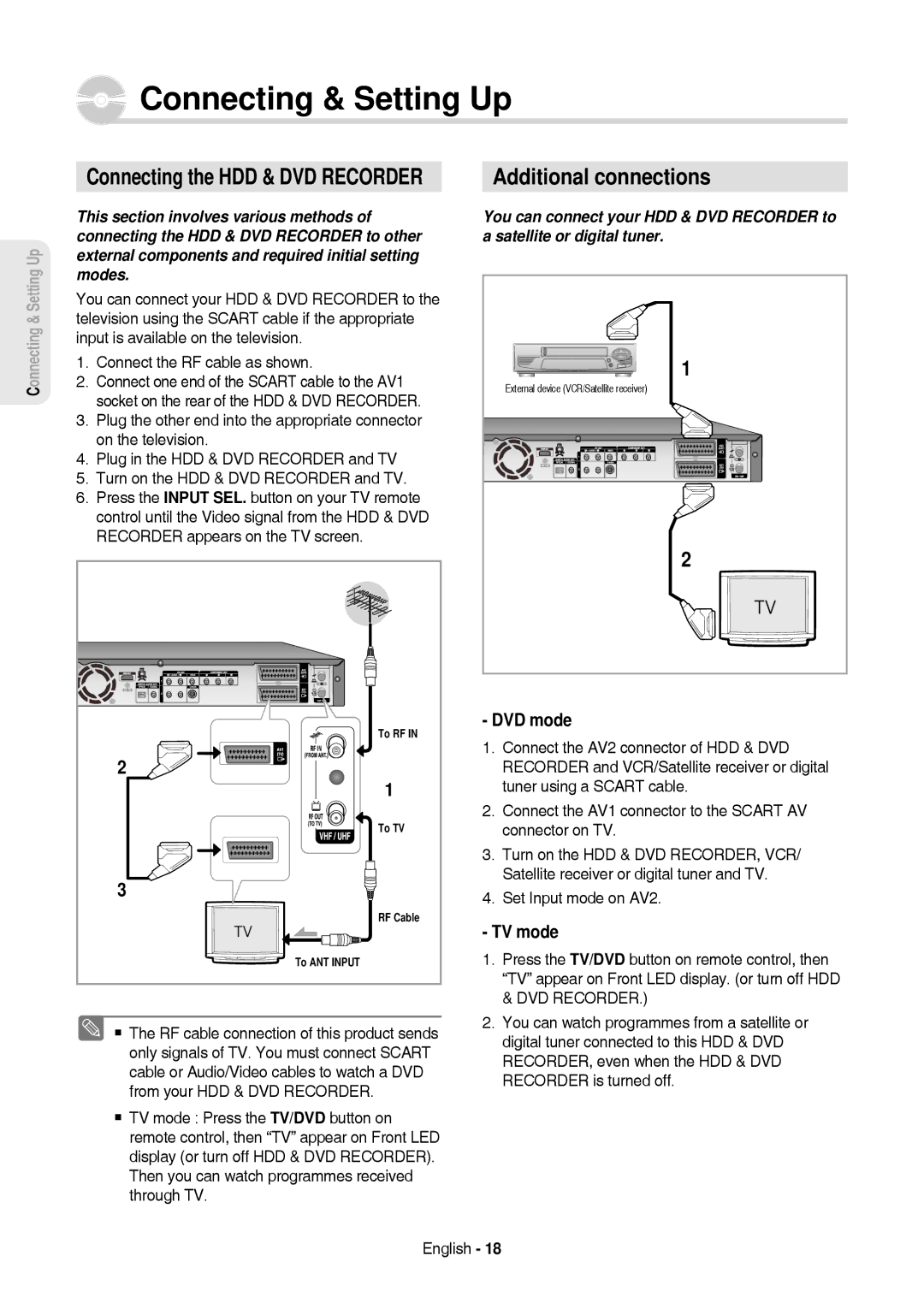 Samsung DVD-HR757/XEG manual Connecting & Setting Up, Additional connections, Connecting the HDD & DVD Recorder, DVD mode 