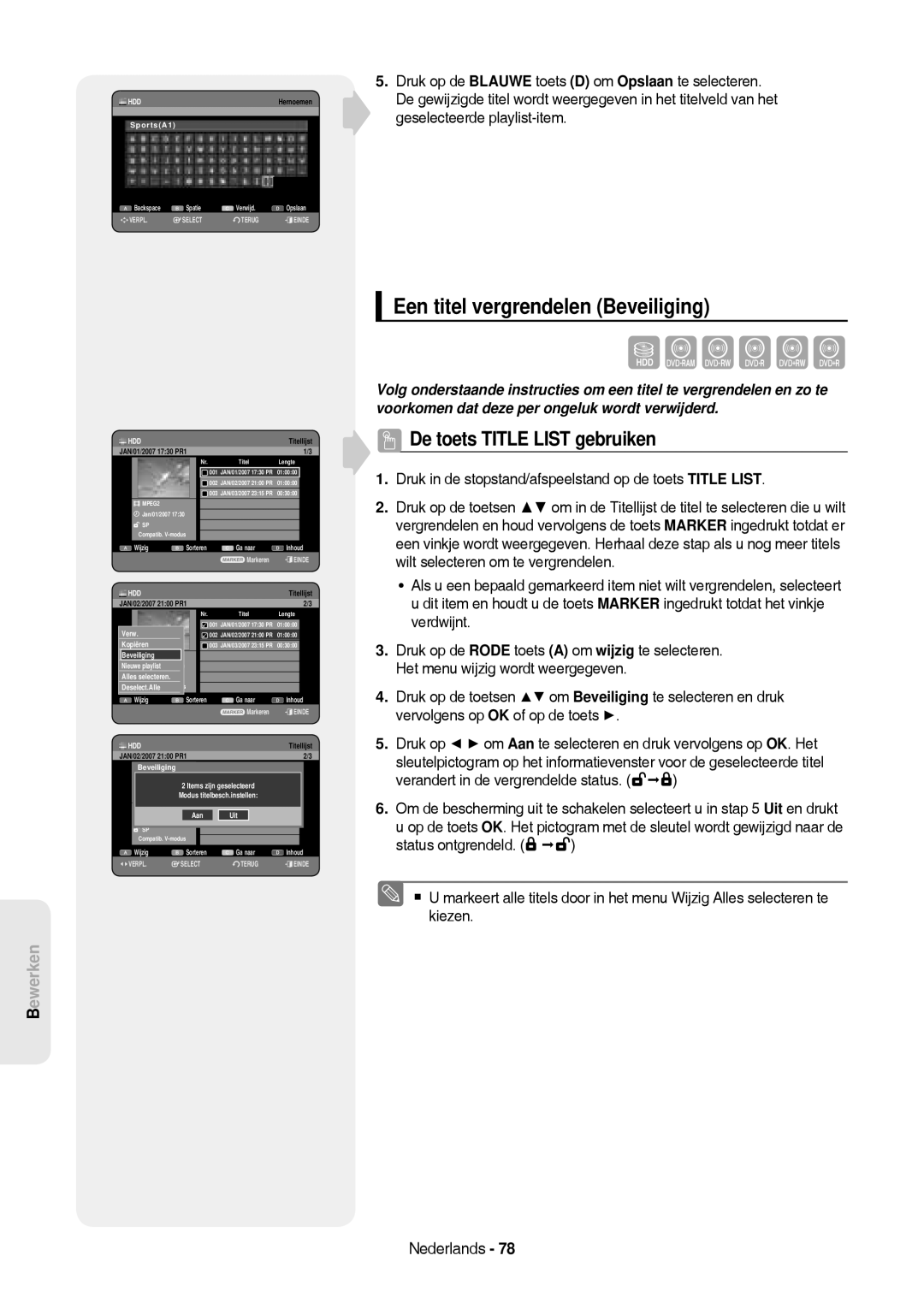 Samsung DVD-HR757/XEG Een titel vergrendelen Beveiliging, Verandert in de vergrendelde status, Alles1selecterenSP, Aan Uit 