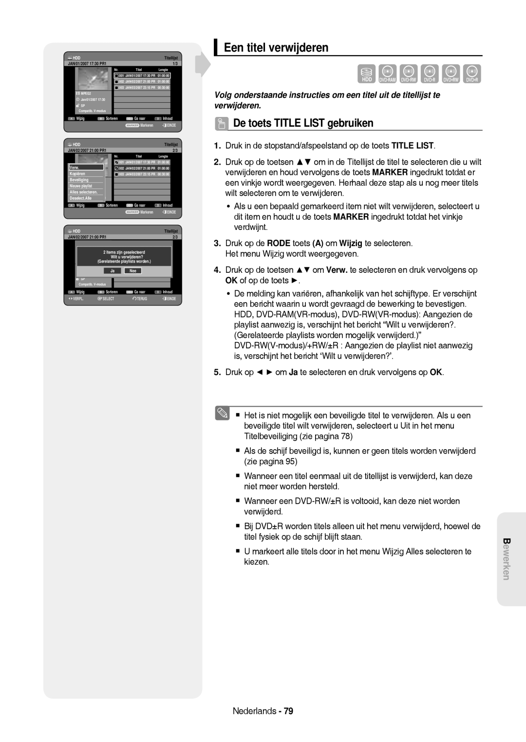 Samsung DVD-HR757/XEB, DVD-HR757/XEG manual Een titel verwijderen, Zijn geselecteerd 