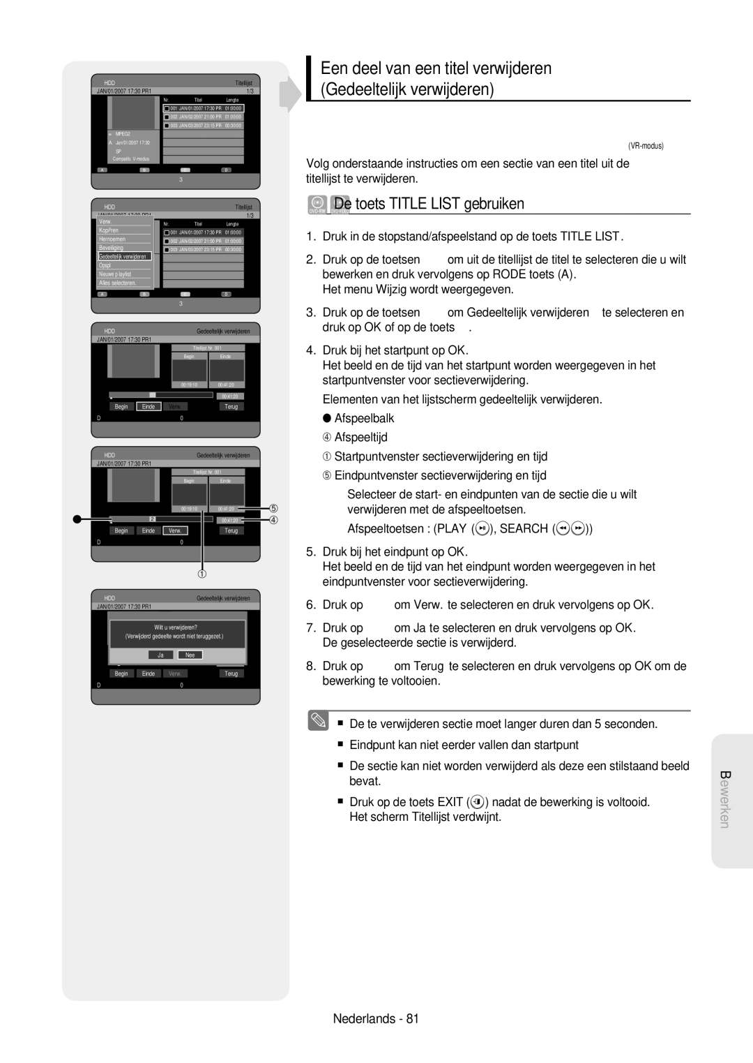 Samsung DVD-HR757/XEB, DVD-HR757/XEG manual Een deel van een titel verwijderen Gedeeltelijk verwijderen 