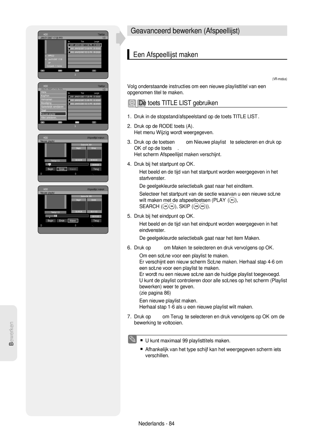 Samsung DVD-HR757/XEG manual Geavanceerd bewerken Afspeellijst, Een Afspeellijst maken, Search , Skip, Nieuwe playlist 