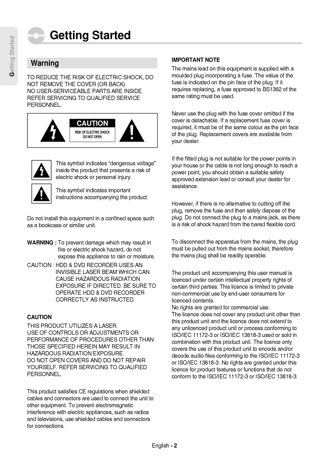 Samsung DVD-HR757/XEG, DVD-HR757/XEB manual Getting Started, No rights are granted for commercial use, English 