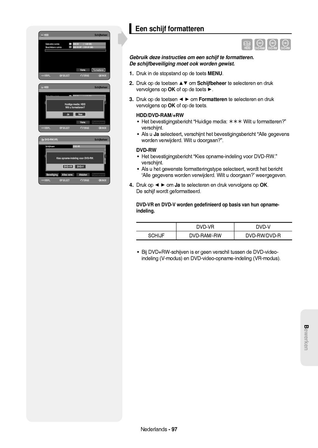 Samsung DVD-HR757/XEB, DVD-HR757/XEG Een schijf formatteren, Huidige media HDD Wilt u formatteren?, Hernoemen Beveiliging 