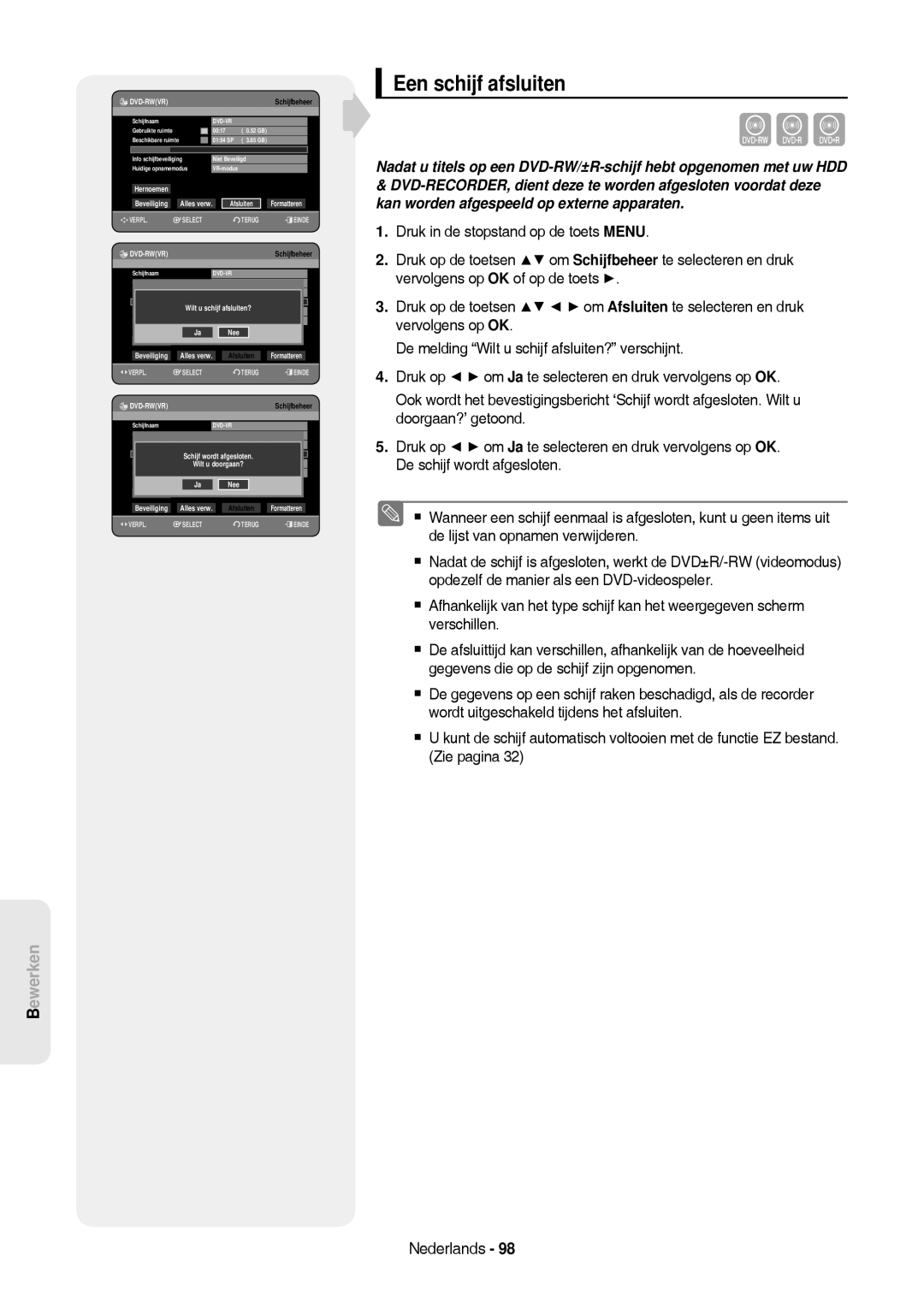 Samsung DVD-HR757/XEG, DVD-HR757/XEB manual Een schijf afsluiten, Afsluiten 