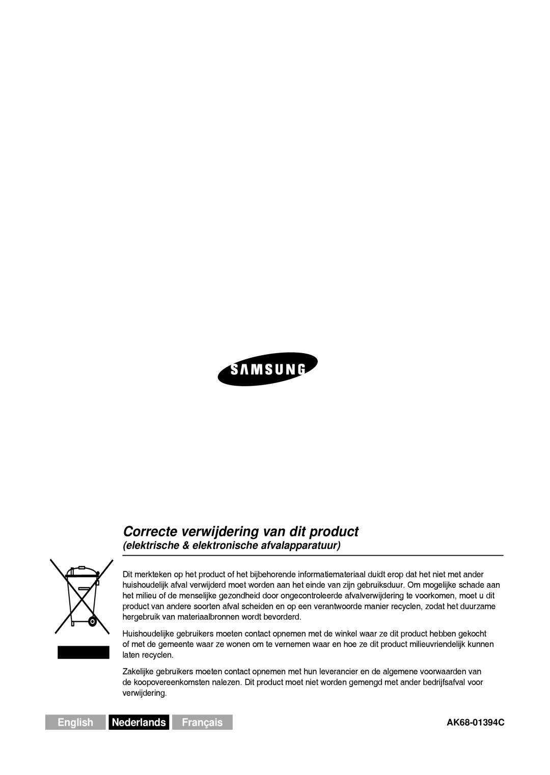 Samsung DVD-HR757/XEB, DVD-HR757/XEG manual Correcte verwijdering van dit product 