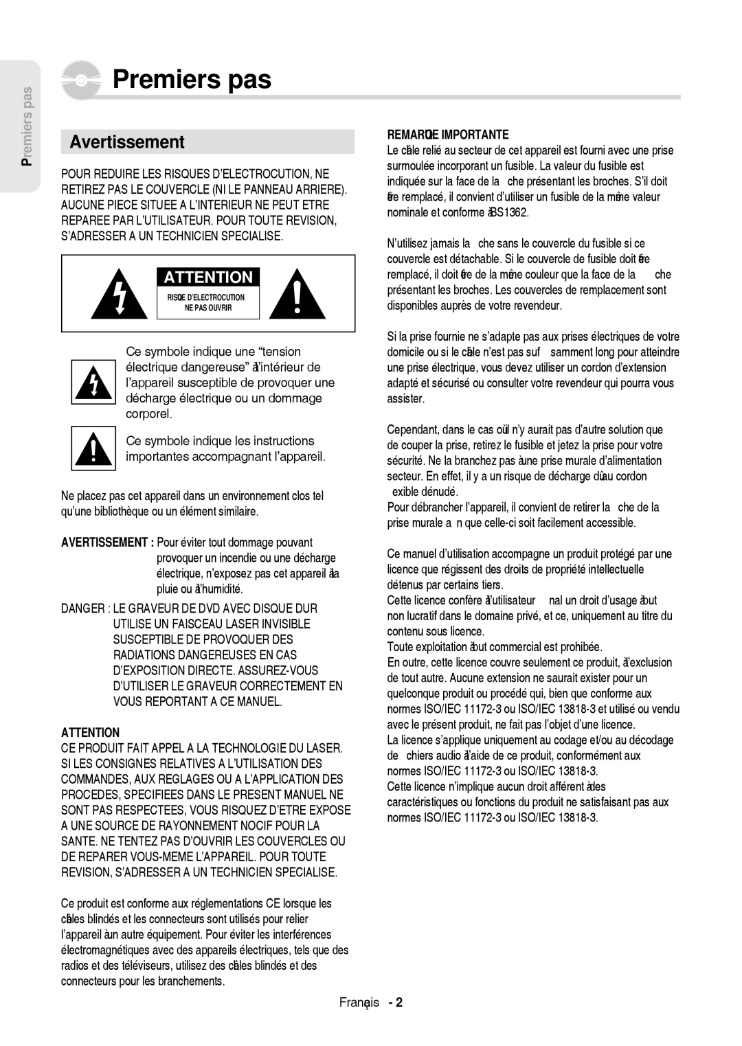 Samsung DVD-HR757/XEB manual Premiers pas, Avertissement, Toute exploitation à but commercial est prohibée, Français 