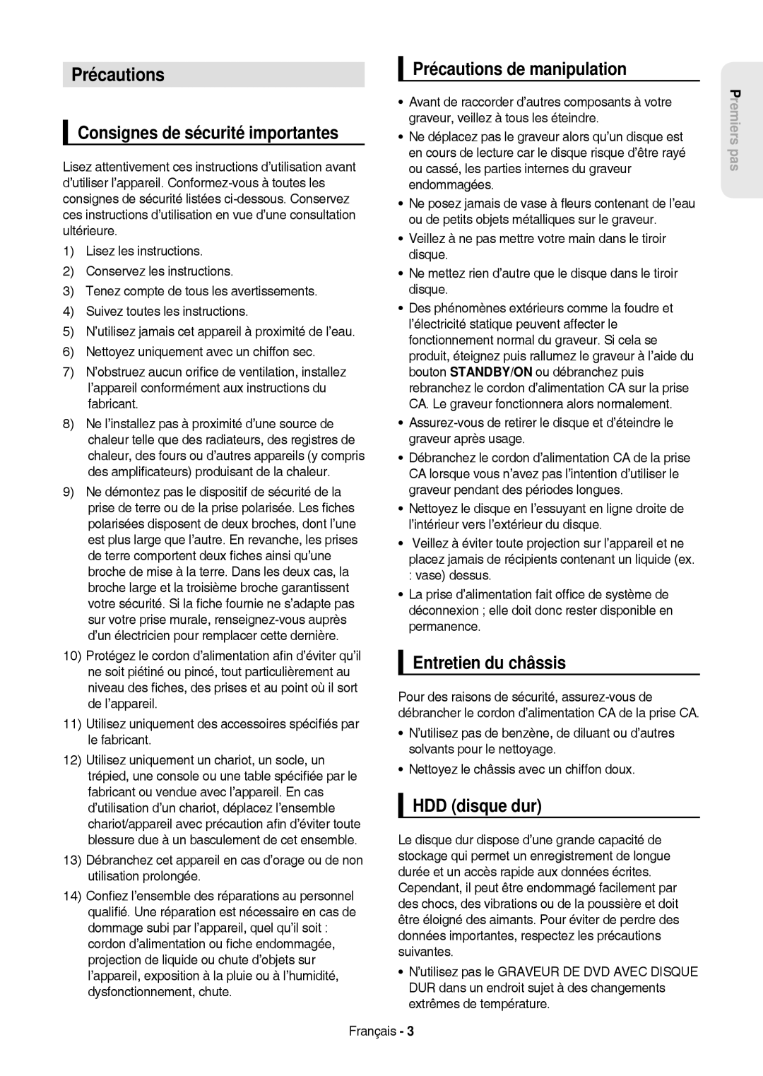 Samsung DVD-HR757/XEG manual Précautions de manipulation, Consignes de sécurité importantes, Entretien du châssis 