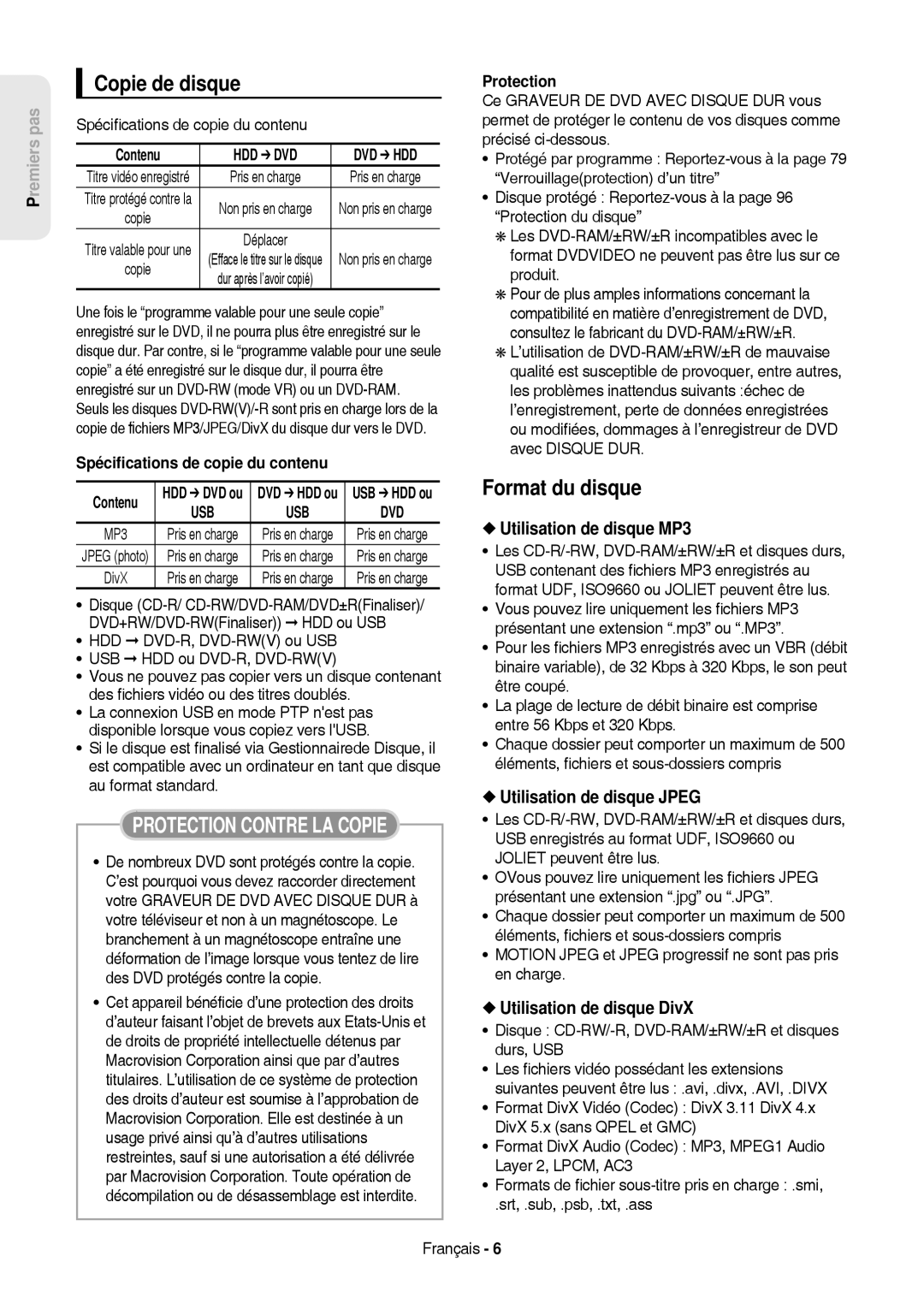 Samsung DVD-HR757/XEB manual Copie de disque, Format du disque, Utilisation de disque MP3, Utilisation de disque Jpeg 