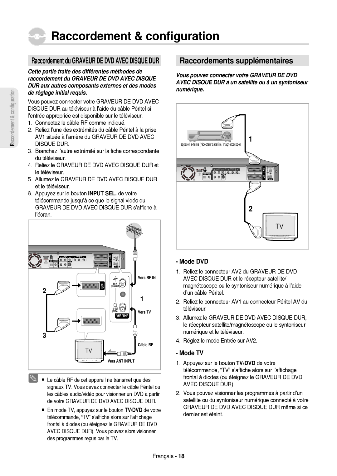 Samsung DVD-HR757/XEB manual Raccordement & conﬁguration, Mode DVD, Mode TV, Raccordement du Graveur DE DVD Avec Disque DUR 