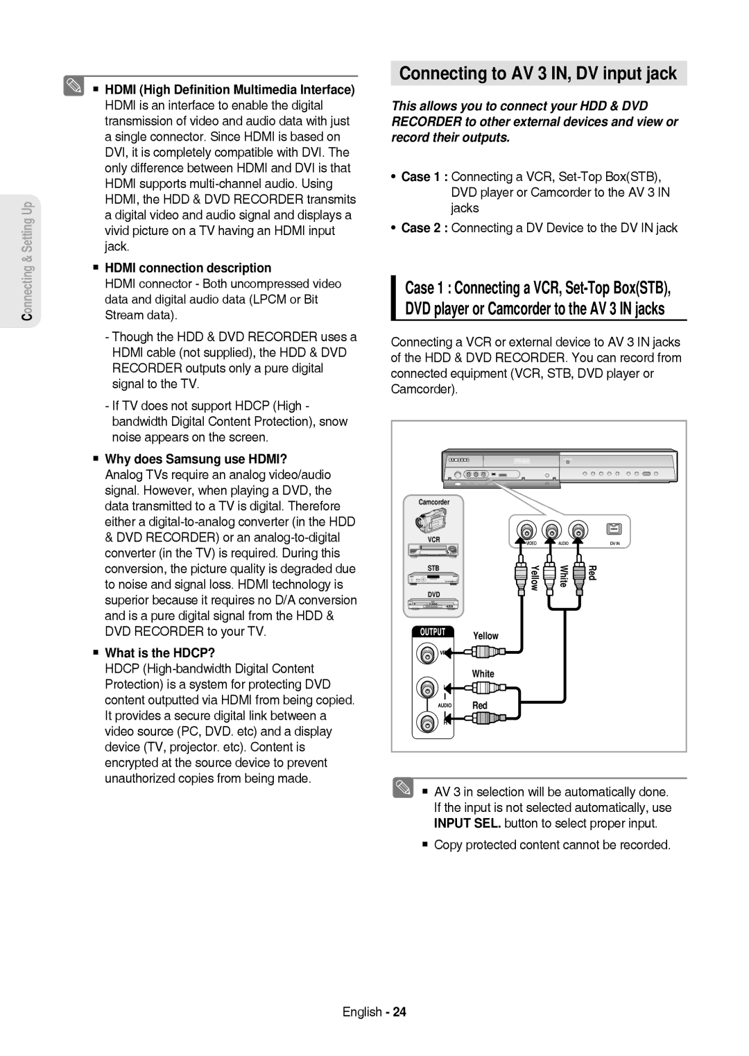 Samsung DVD-HR757/XEG manual Connecting to AV 3 IN, DV input jack,  Hdmi connection description,  What is the HDCP? 