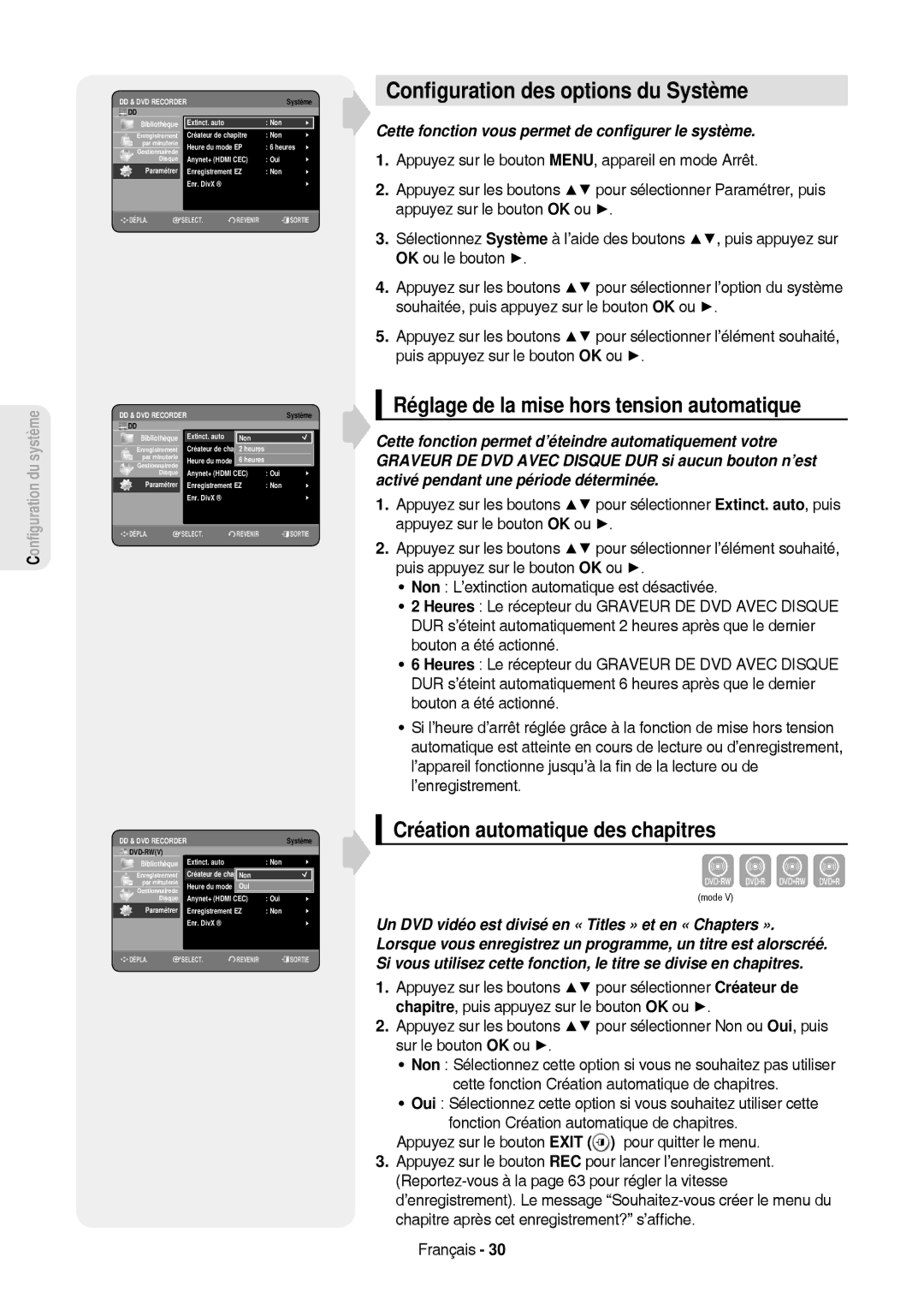 Samsung DVD-HR757/XEB, DVD-HR757/XEG manual Conﬁguration des options du Système, Réglage de la mise hors tension automatique 