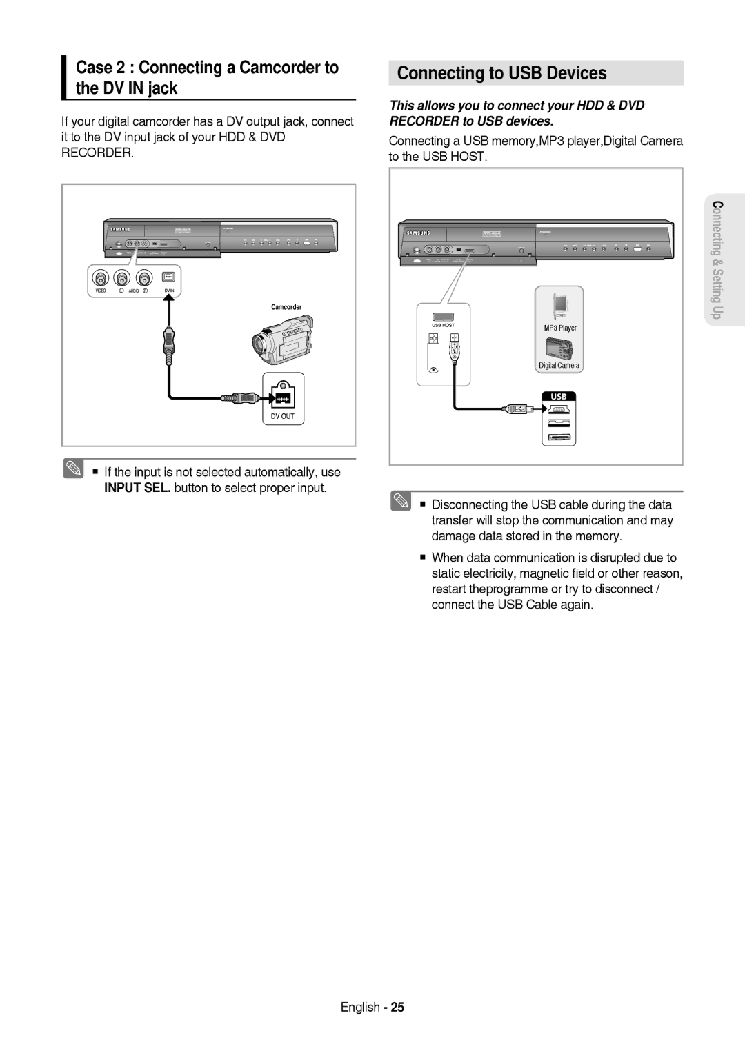 Samsung DVD-HR757/XEB, DVD-HR757/XEG manual Connecting to USB Devices, Case 2 Connecting a Camcorder to the DV in jack 