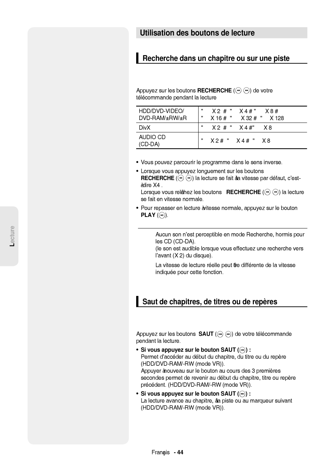 Samsung DVD-HR757/XEB, DVD-HR757/XEG manual Utilisation des boutons de lecture, Recherche dans un chapitre ou sur une piste 