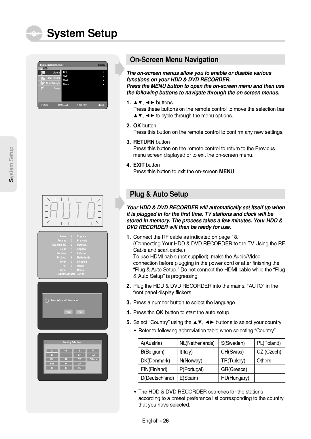 Samsung DVD-HR757/XEG, DVD-HR757/XEB manual System Setup, On-Screen Menu Navigation, Plug & Auto Setup, Return button 