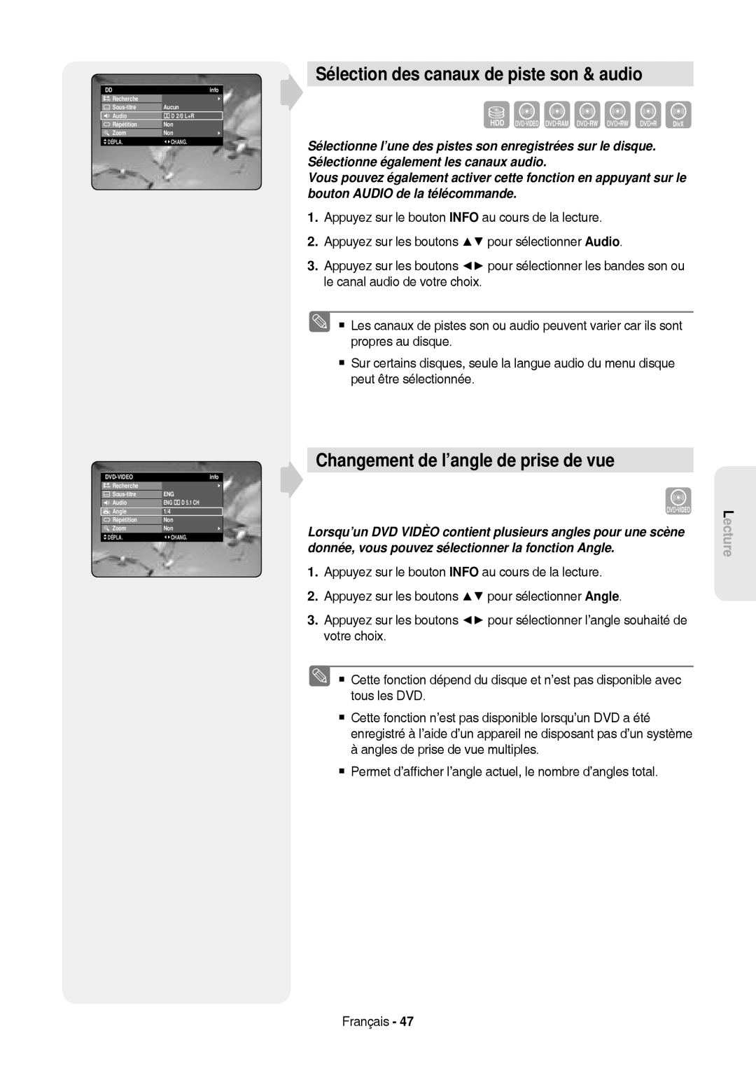 Samsung DVD-HR757/XEG, DVD-HR757/XEB manual Sélection des canaux de piste son & audio, Changement de l’angle de prise de vue 