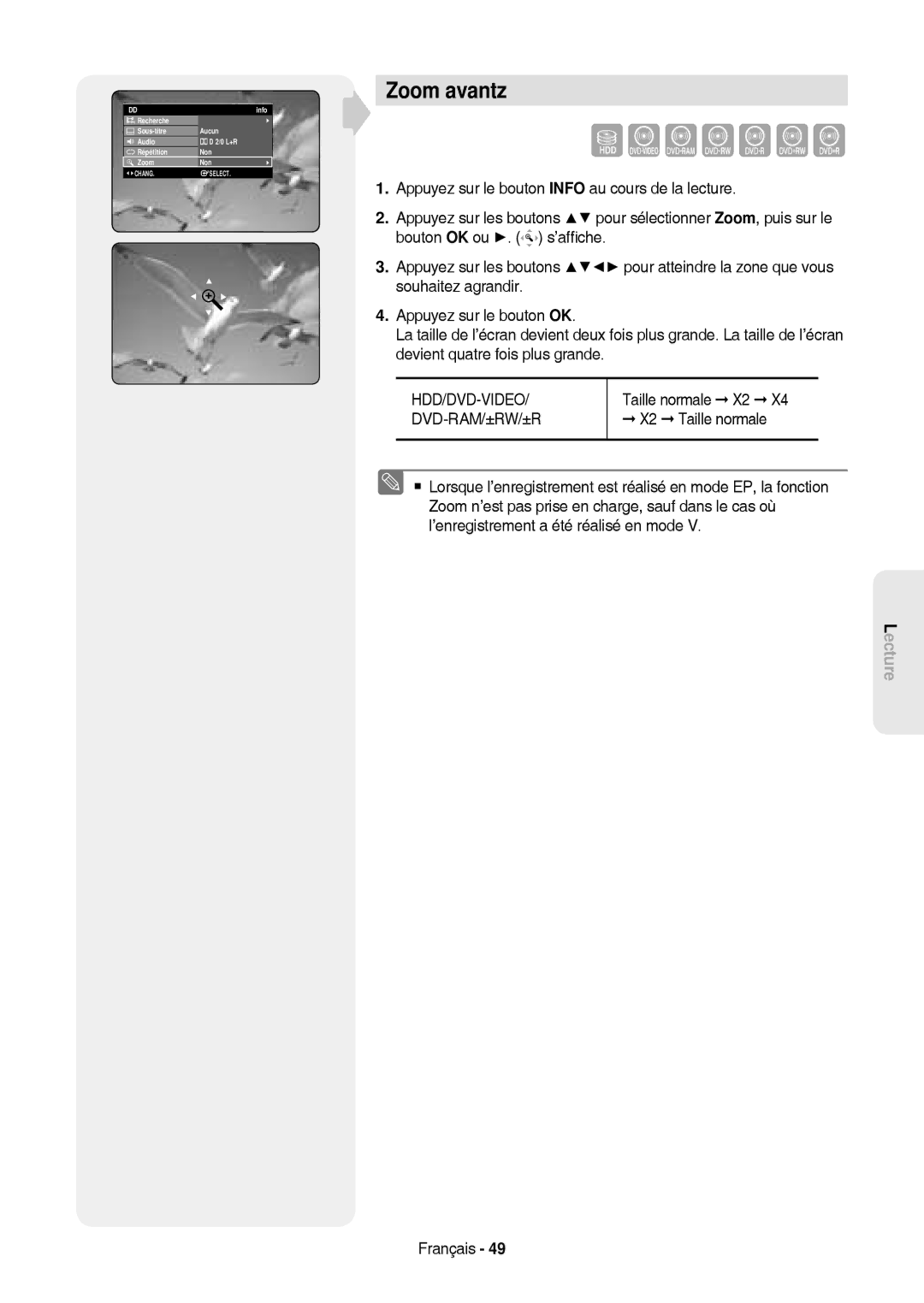 Samsung DVD-HR757/XEG, DVD-HR757/XEB manual Zoom avantz, X2 Taille normale, Taille normale X2 